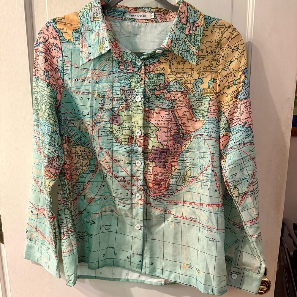 MISSLOOK Multicolor Map Design Button-Down Shirt - Size S, EUC!